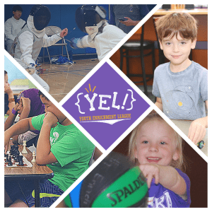 Start a business. A picture collage of kids playing chess, basketball, building LEGO® Brick projects, and fencing.