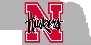 The state of Nebraska with the Nebraska Cornhuskers over it.