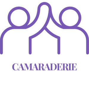 A chess club graphic of two chess players high-fiving above the word Camaraderie.