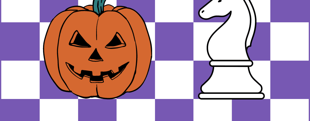 Halloween Chess Tournament. A chess board with a jack-o-lantern and a chess knight on it.