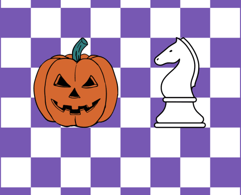 Halloween Chess Tournament. A chess board with a jack-o-lantern and a chess knight on it.