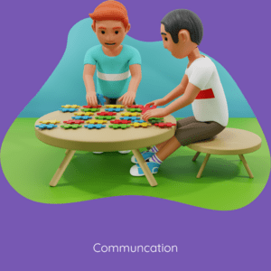 Two kids working on sorting items while talking through the process. Video game design for kids promotes communication skills.