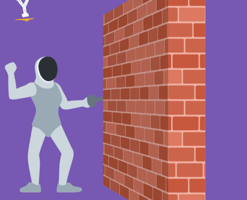 A fencer hitting a wall with her weapon. She can't break through the wall.