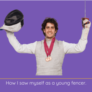 A fencer with two bronze medals raising his mask and foil in victory. Being an olympic level of fencing.