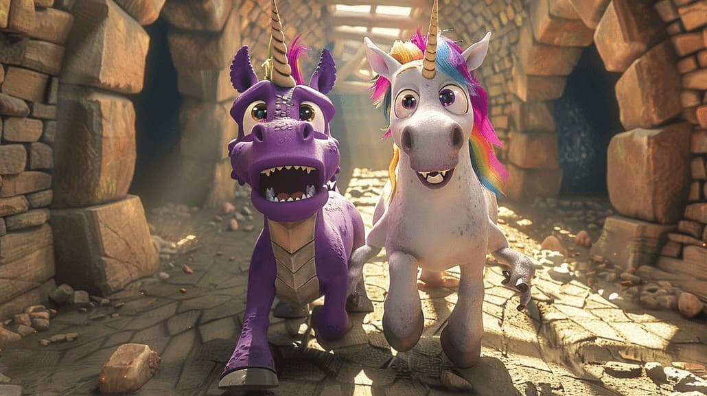 A dragon and unicorn are running frantically to escape a "Tower of Traps". Video game design for kids helps build persistence.