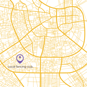 A pin drop on a map indicating a local fencing club. Local level of fencing.