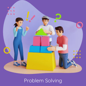 Three students working together to solve a problem of building the best pyramid. Video game design for kids helps cultivate problem solving.