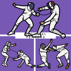 A series of cartoon photos of fencers in varying attacking positions.  Regional level of fencing.