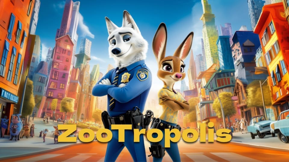 Zootropolis - A dog in a police uniform and a rabbit stand shoulder-to-shoulder, ready to team up to solve the Zootropolis mystery. Video Game Design Classes.